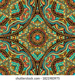 Seamless Abstract festive colorful mandala ethnic tribal pattern. African motif.  Background template for card, web design, wallpaper, cover, textile. Vector illustration.
