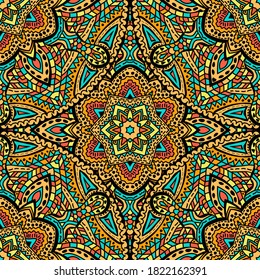 Seamless Abstract festive colorful mandala ethnic tribal pattern. African, mexican motif.  Background template for card, web design, wallpaper, cover, textile. Vector illustration.