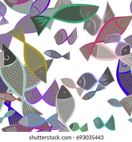 Seamless abstract fish illustrations background. Cartoon style vector graphic.