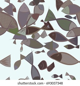 Seamless abstract fish illustrations background. Cartoon style vector graphic.