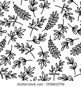 Seamless abstract floral background with leaves and branches. Vector black and white illustration.Stylish simple pattern.Suitable for printing on fabric, wrapping paper, packaging, wall paper. 