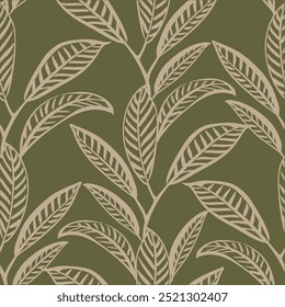 Seamless abstract floral background with leaves. Green background pattern with gold painted leaves. Vector illustration. line texture leaves in bohemian style