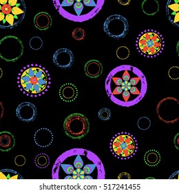 Seamless abstract floral background pattern, with circles, strokes and splashes. Vector illustration 