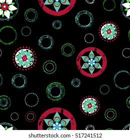 Seamless abstract floral background pattern, with circles, strokes and splashes. Vector illustration 