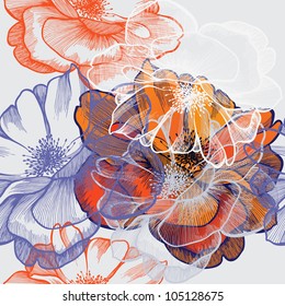 Seamless abstract floral background with roses, hand-drawing. Vector.