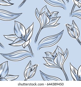 Seamless abstract floral background. Stylized wild tulips on blue. Hand drawn vector illustration