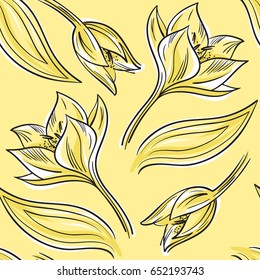Seamless abstract floral background. Stylized wild tulips on a yellow background. Hand drawn vector illustration