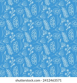 Fondo azulado floral abstracto sin inconvenientes con flores dibujadas a mano. Vector.