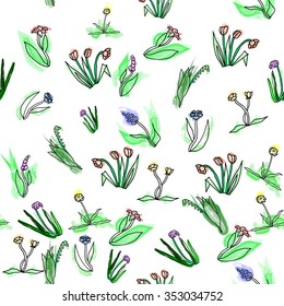 Seamless abstract floral colorful pattern. Vector illustration with hand drawn doodle flowers, circles and dots of different colors on white background.
