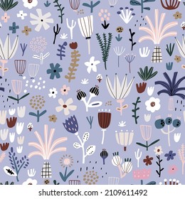 Seamless abstract floral  detailed pattern with leaves, flowers and berries. Spring, summer background. Perfect for fabric design, wallpaper, apparel. Vector illustration