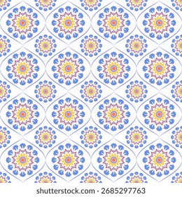 Nahtloses abstraktes florales geometrisches Muster in lebendigen Farben. Perfekt für Textildesign, Tapeten, Verpackungen, digitale Kunst und moderne Dekorationsprojekte.