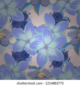 Seamless abstract floral pattern in beige, blue and violet colors. Geometric leaf ornament. Graphic modern pattern. Cute vector background. Seamless pattern with plumeria flowers.