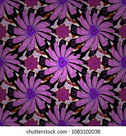 Seamless abstract floral pattern. Black, violet and magenta background. Geometric flower vector ornament. Stylish graphic design.