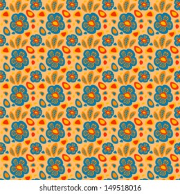 Seamless abstract floral pattern with blue flowers on orange background