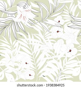 Seamless abstract floral pattern in blue, black and beige colors. Seamless pattern with hibiscus flowers. Geometric leaf ornament. Cute background. Graphic modern pattern.