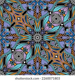 Nahtlose abstrakte Blumenmuster. Blau- und orangefarbene Blumen mit dicken schwarzen Kanten auf weißem Hintergrund im Mandala-Stil. Grafische Textur. Farbkunst. Vektorgrafik.