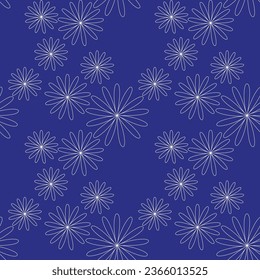 Nahtlose abstrakte Blumenmuster. Blau, weiß. Vektorgrafik. Botanische Textur. Chaotische Blumen schmücken. Design für Textilien, Wickelpapier, Hintergrund, Tapete, Abdeckung.