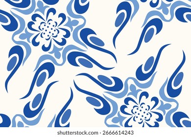 Patrón floral abstracto sin fisuras con Formas ornamentales azules y curvas fluidas sobre un fondo claro, ideal para proyectos de diseño textil, de Fondo de pantalla o decorativo.