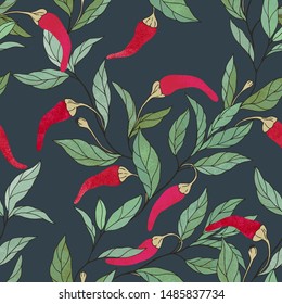 Padrão floral abstrato sem emenda com ramos, folhas e frutos de pimenta. Impressão de textura vetorial em estilo vintage em fundo escuro.