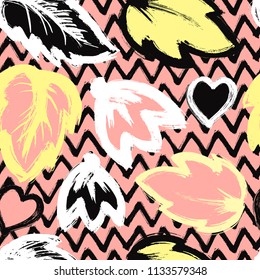 Seamless abstract floral pattern with brush stroke leaves and flowers on pink and black zigzag background. Scandinavian stile.