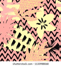 Seamless abstract floral pattern with brush stroke leaves and flowers on pink and black zigzag background. Scandinavian stile.