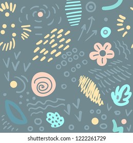 Seamless abstract floral pattern with brush stroke leaves and flowers. Scandinavian stile.