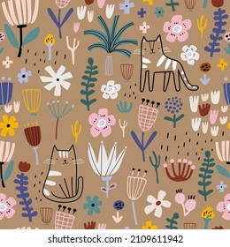 Seamless abstract floral pattern with cats. Spring, summer blooming background. Perfect for fabric design, wallpaper, apparel. Vector illustration