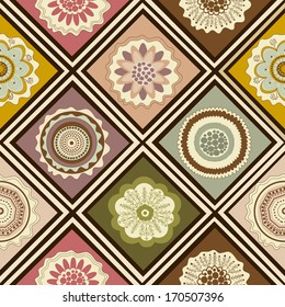 Seamless abstract floral pattern with colorful squares