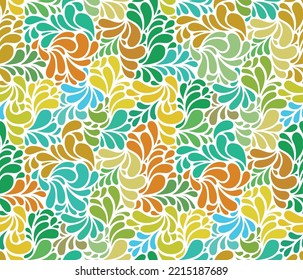 Seamless abstract floral pattern with colorful splash water drops as leaves and petals. Vector illustration for textile, wrapping, and decorative projects.