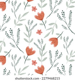 Seamless abstract floral pattern with cute leaves and blossom. Crayon texture design with romantic flowers, green and red color. Perfect for bedcover, tablecloth, fashion, fabric, wallpaper, etc.