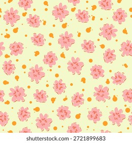 Nahtloses abstraktes Blumenmuster mit süßen rosa Blumen und dekorativen Punkten auf weichgelbem Hintergrund. Vektorgrafik.