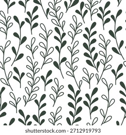 Seamless abstract floral pattern with dark green stems and leaves with outline on white background. Could be used as wallpaper, texture, print, fabric. 