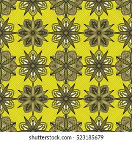 Seamless abstract floral pattern. Decorative ornament of flowers in light brown & olive green on bright yellow background. 
