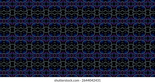 Seamless abstract floral pattern in deep blue and violet tones with symmetrical glowing shapes. Perfect for digital design, textiles, and elegant abstract backgrounds.