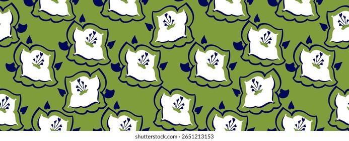 Seamless abstract floral pattern featuring bold flowers with details on a green background. Playful, modern design ideal for textiles, wrapping paper, and decor projects, print