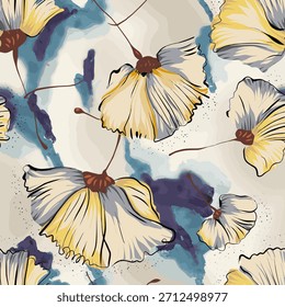 Padrão floral abstrato sem emenda com pétalas expressivas em tons de terra quente em um fundo escuro. Ideal para tecido, impressões de moda, papel de parede e superfícies decorativas elegantes.