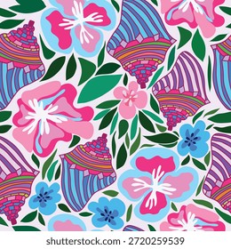padrão floral abstrato sem costura com flores coloridas e folhas em tons pastel macio de rosa, azul e roxo em um fundo branco limpo. Um design artístico moderno com charme vibrante, ideal para têxteis, papel de parede, papel de embrulho, estacionário, marca e design de superfície decorativa.