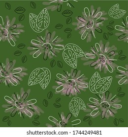 Seamless abstract floral pattern. Flower petals with white and black outline and leaves. Vector illustration for background, wallpaper, wrapping paper and textile products.
