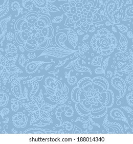 Seamless abstract floral pattern with flowers, petals, leaves, seeds, plants or pastel blue background