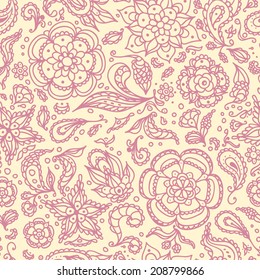 Seamless abstract floral pattern with flowers, petals, leaves, seeds, plants or lilac yellow  background