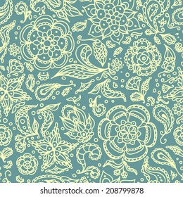 Seamless abstract floral pattern with flowers, petals, leaves, seeds, plants or yellow blue  background