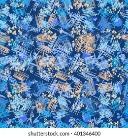 Seamless abstract floral pattern. Flowers, grass, strokes, dashes and stripes on a dark blue background, hand-drawn vector.