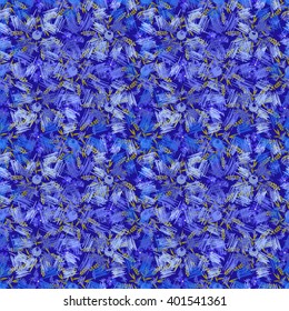 Seamless abstract floral pattern. Flowers, circles, grass, strokes, dashes and stripes on a dark blue background, hand-drawn vector
