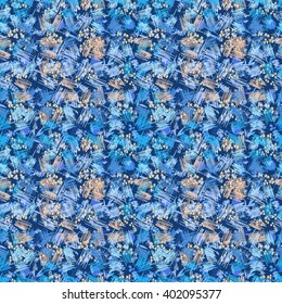 Seamless abstract floral pattern. Flowers, grass, strokes, dashes and stripes on a dark blue background, hand-drawn vector.