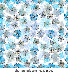 Seamless abstract floral pattern. Flowers, strokes and dashes on white background, hand-drawn vector.