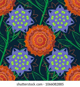 Seamless abstract floral pattern. Geometric flower vector ornament. Stylish graphic design. Black, violet and green background.