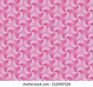 Seamless abstract floral pattern with geometric concentric wavy lines. Pink flowers on a white background. Modern style marine waves. Vector illustration for texture, packaging, wrapping, and textile.