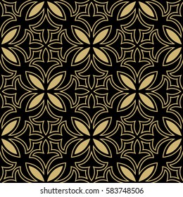 Seamless abstract floral pattern. Gold and black vector background. Ornament for wrapping, wallpaper, tiles