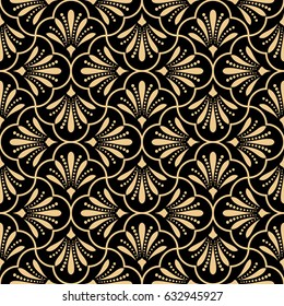 Seamless abstract floral pattern. Gold and black vector background. Ornament for wrapping, wallpaper, tiles.
