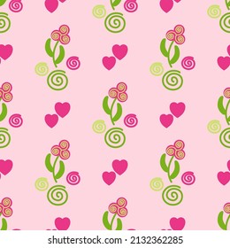 Seamless abstract floral pattern. Green, pink. Vector illustration. Botanical texture. Flowers, leaves, plants, hearts. Doodle. Design for textile fabrics, wrapping paper, background, wallpaper, cover